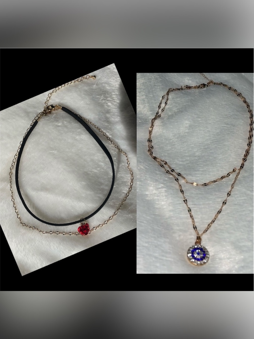 Gold-Tone Layered Necklace Set with Black Choker and Red Heart Pendant